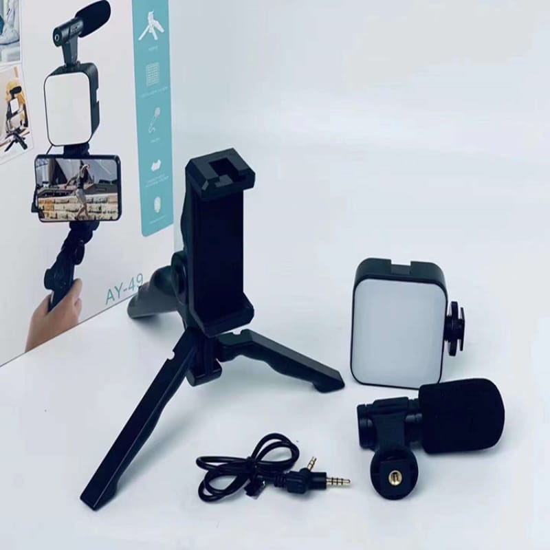 AY-49 Vlog Selfie Stick with LED Fill Light – Mobile Phone Holder for Vlogging & Live Streaming