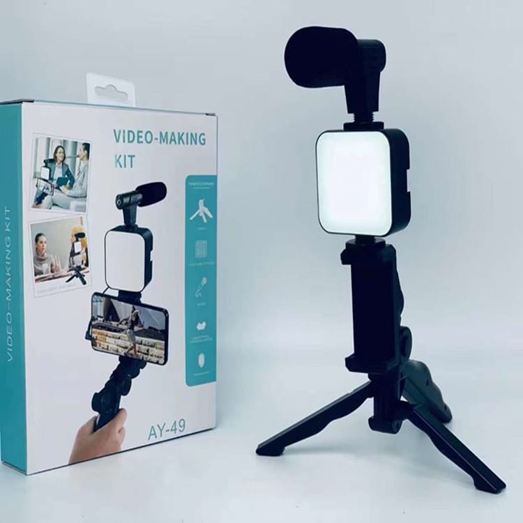 AY-49 Vlog Selfie Stick with LED Fill Light – Mobile Phone Holder for Vlogging & Live Streaming