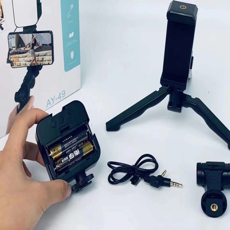 AY-49 Vlog Selfie Stick with LED Fill Light – Mobile Phone Holder for Vlogging & Live Streaming
