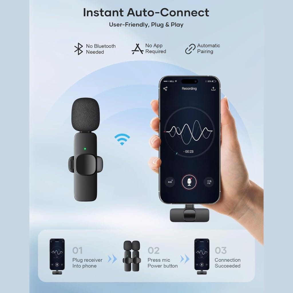 K9 Dual Wireless Lavalier Microphone – 3 Connectors for iPhone, Type-C & Android